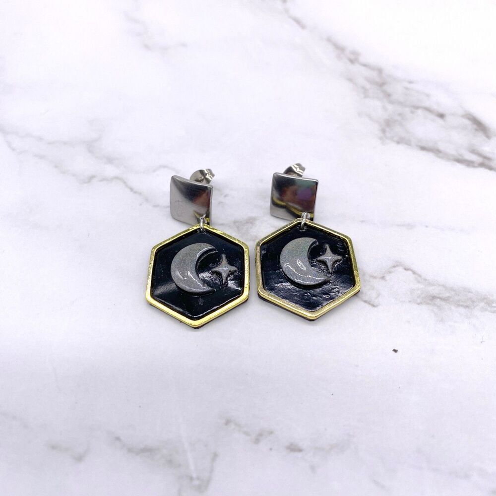 Black Holographic Celestial Crescent Moon Dangle Stud Earrings - Picture 7 of 15